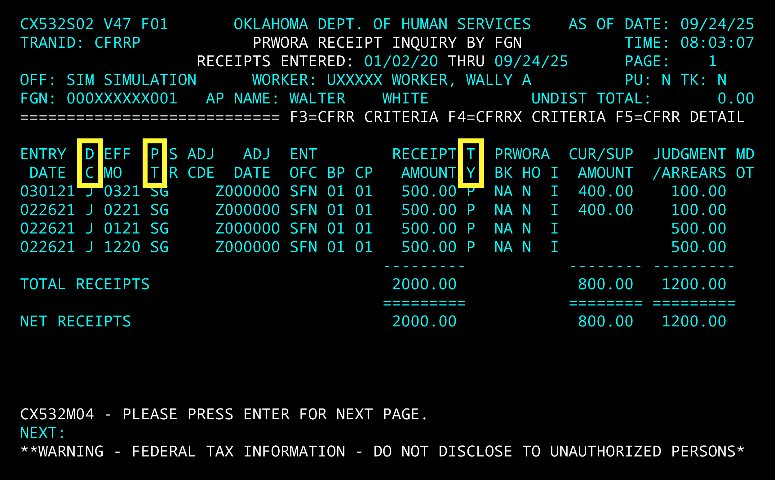 CFRRP OSIS screen with arrows pointing to DC, PT, and  TY.