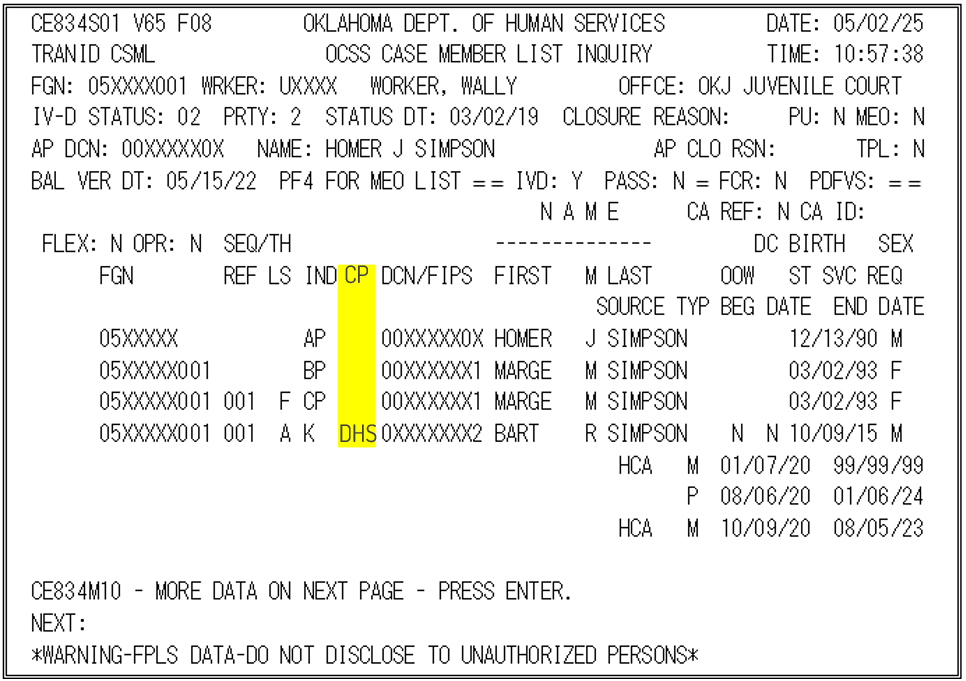 Screen print of OSIS CSML screen highlighting the CP column showing the child in DHS custody.