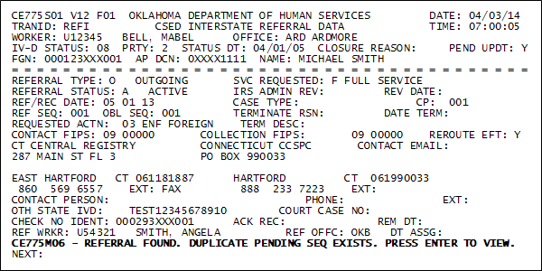 REFU screen message example - CE775M06 - REFERRAL FOUND. DUPLICATE PENDING SEQ EXISTS. PRESS ENTER TO VIEW.