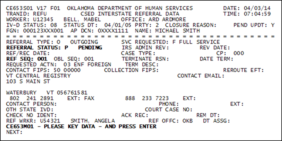 REFU screen message example - CE653M01 - PLEASE KEY DATA - AND PRESS ENTER