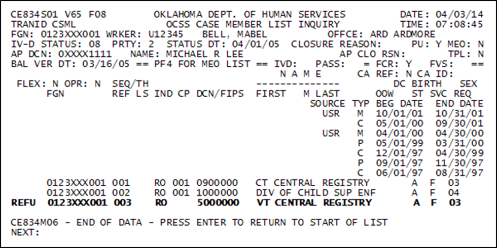 CSML screen example with new referral sequence number