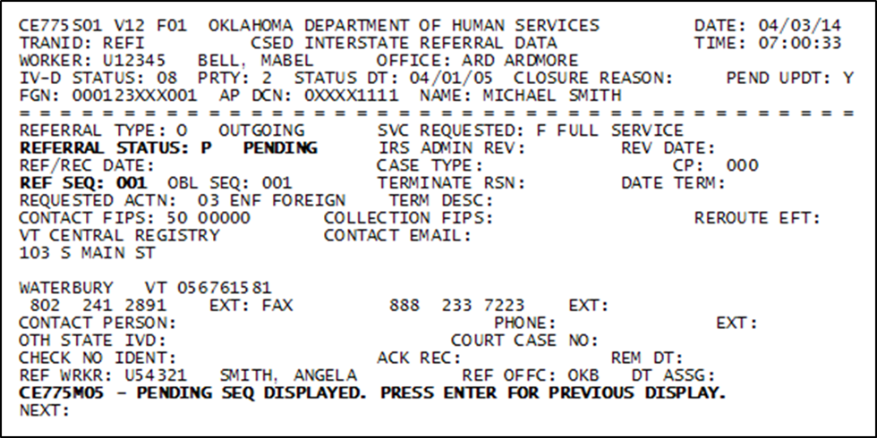 REFU screen message example - CE775M05 - PENDING SEQ DISPLAYED. PRESS ENTER FOR PREVIOUS DISPLAY.