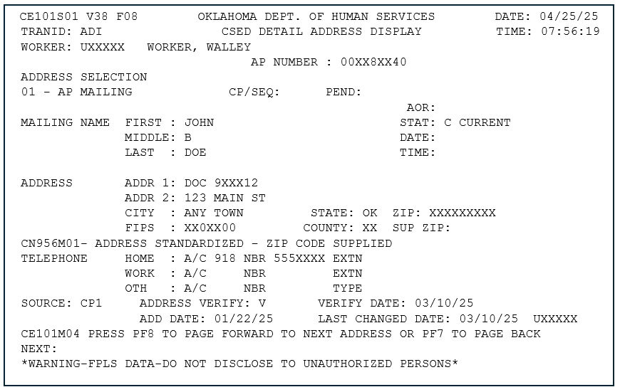 Image of the ADI screen with address information for DOC