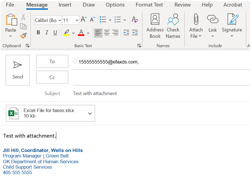 Example of adding efaxds number in the To line of an email