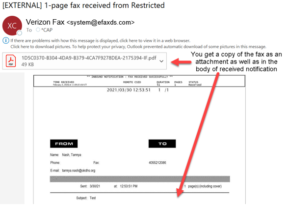 Example of where to find information in a fax received via email.