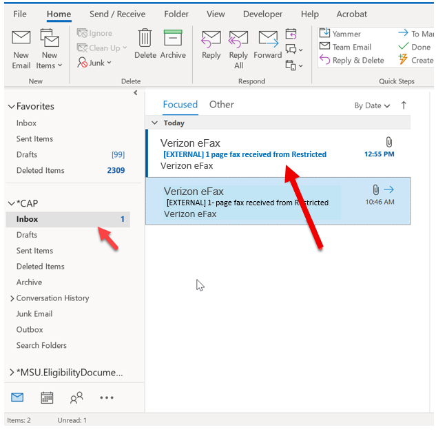Example of where to find a fax once it has arrived in email.