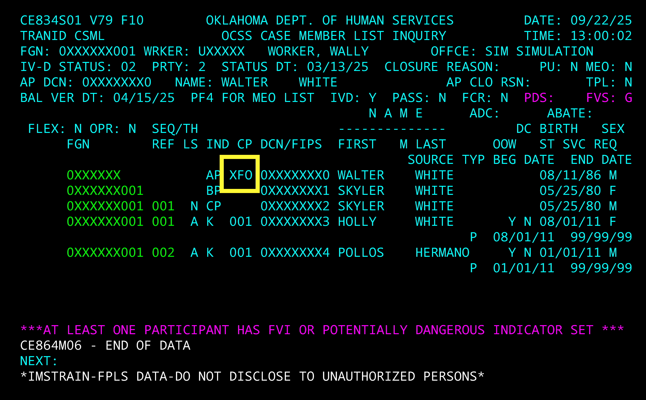 Screenshot of the CSML screen in OSIS. Beneath the header information, in the table of member information, “XFR” is highlighted under the “CP” column.