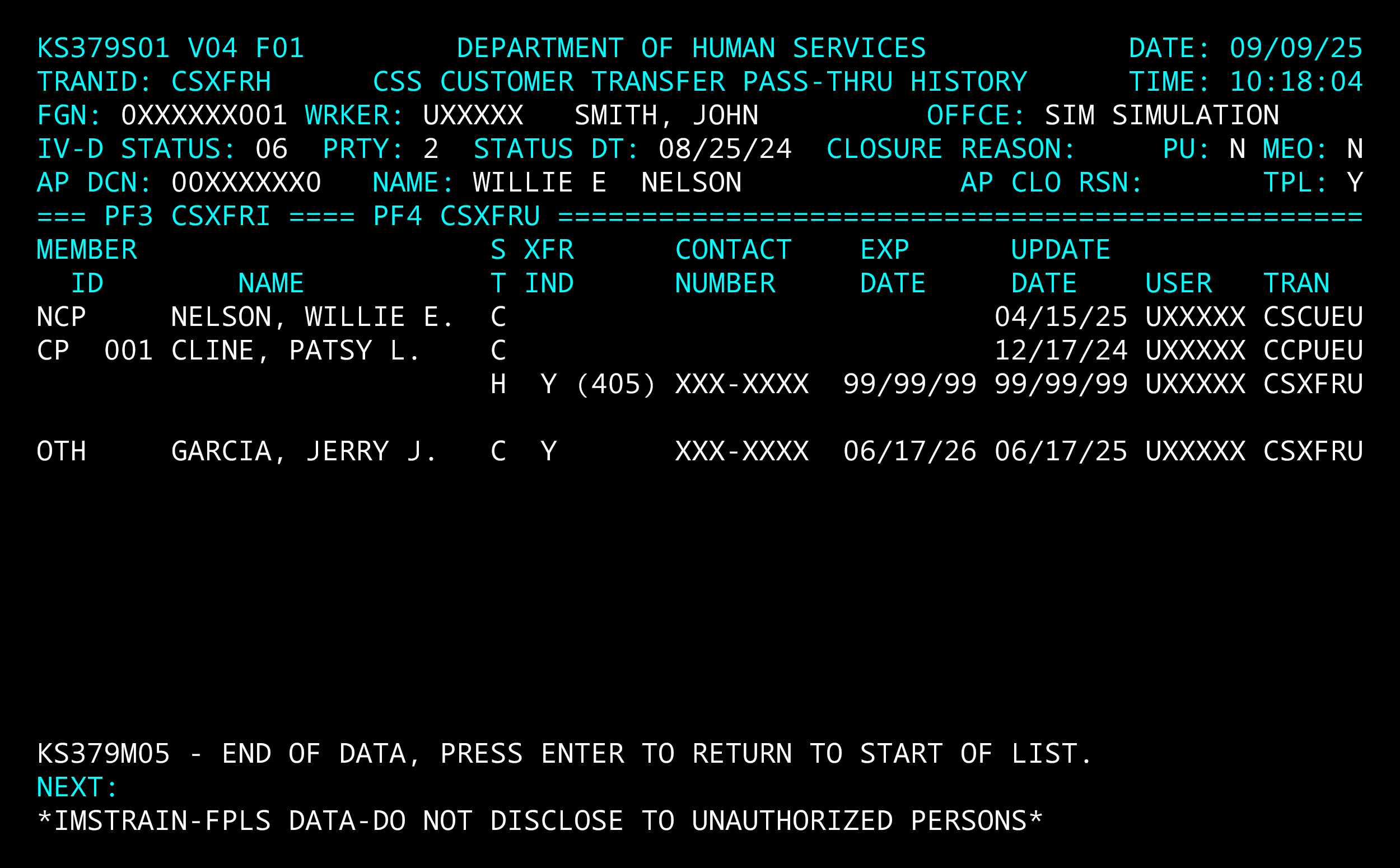 Screenshot of OSIS CSXFRH screen. Shows several transactions listed in a table format.
