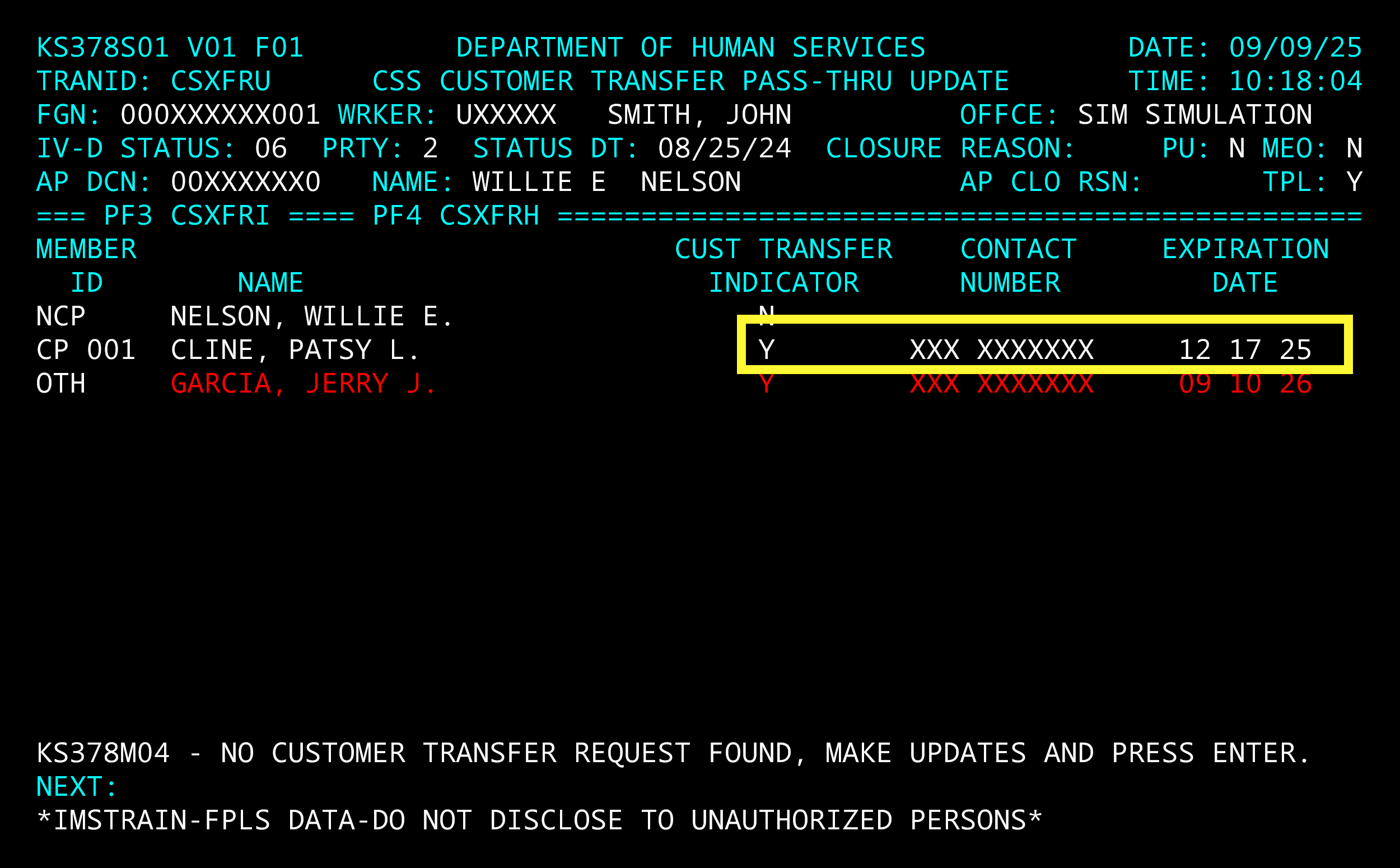 Screenshot of CSXFRU screen in OSIS. Cust Transfer Indicator, Contact Number, and Expiration Date columns are highlighted in the transactions table.