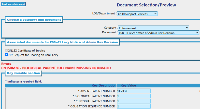 ALC results page with Error message CN150M36 - BIOLOGICAL PARENT FULL NAME MISSING OR INVALID.