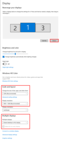 Windows display settings dialog with Detect button, resolution settings, and multiple display settings highlighted