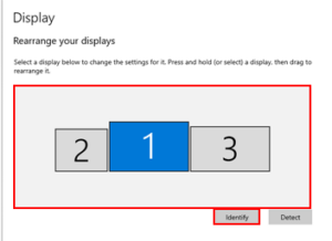 Windows display settings zoomed in to rearrange your displays with monitor order window and Identify button highlighted