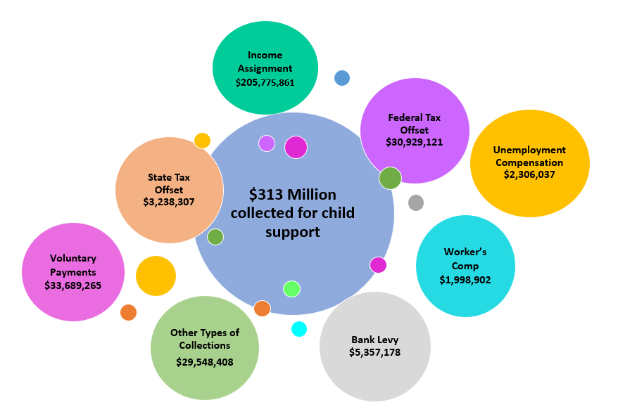 Bubbles showing the amount of money collected by various enforcement actions. $313 Million collected for child support. Income Assignment $205,775,861. Federal Tax Offset $30,929,121. Unemployment Compensation $2,306,037. Worker's Comp $1,998,902. Bank Levy $5,357,178. State Tax Offset $3,238,307. Voluntary Payments $33,689,265. Other Types of Collections $29,548,408. 