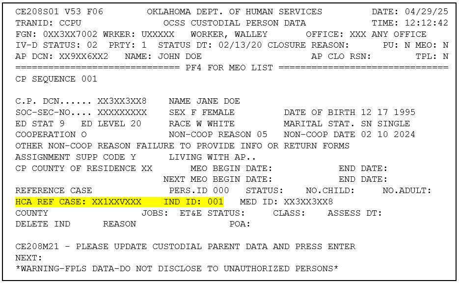 CCPU screen with the HCA information highlighted