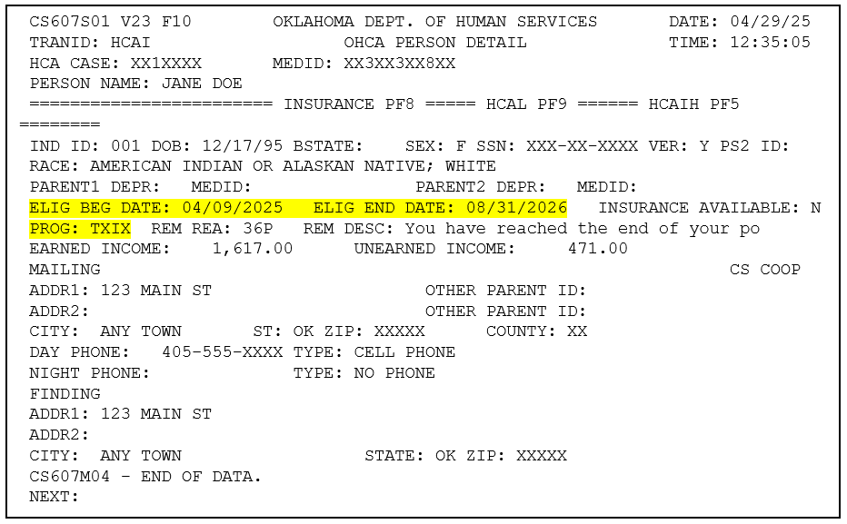 HCAI screen with the ELIG BEG DATE, ELIG END DATE, and PROG fields highlighted