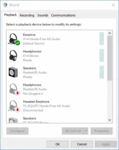 Windows sound settings on Playback tab