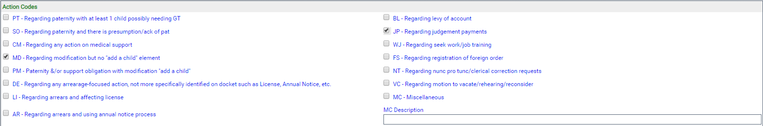 Action code list to choose from