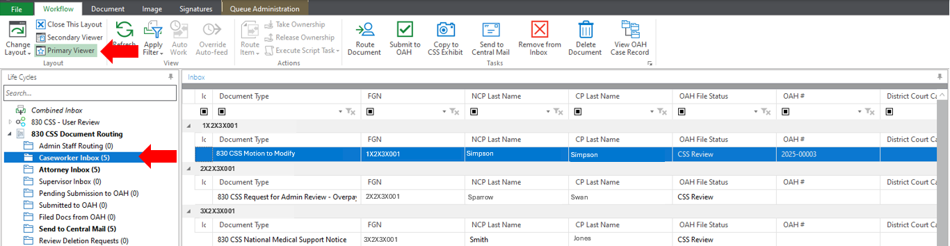 Workflow screen with an arrow pointing to Caseworker inbox and Primary Viewer.