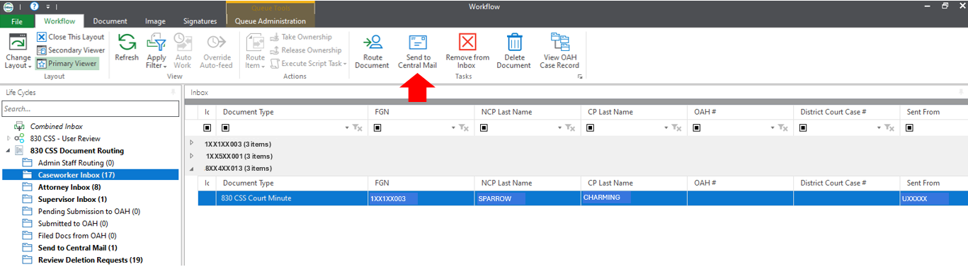 Central Mail button in OnBase Workflow with an arrow pointing to it.