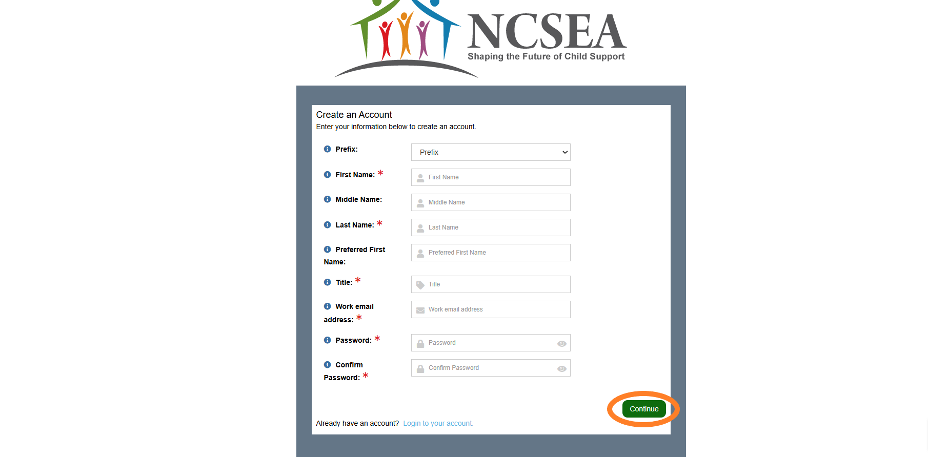 Image of Create an Account page with fields for Name, title, work email, and to create a password. The continue button is circled.