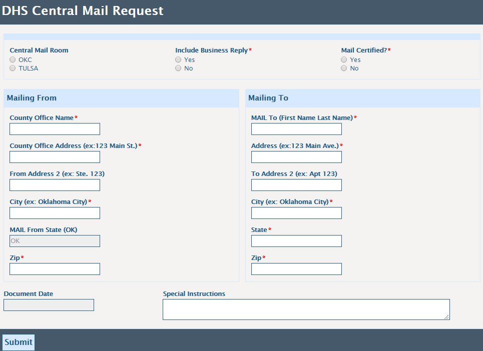 Central Mail Request Form.