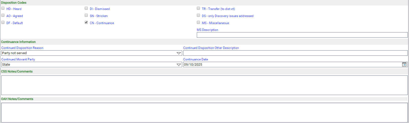 Disposition code list to choose from
