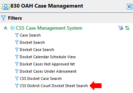 Filters with an arrow pointing to the Docket Sheet Search filter.