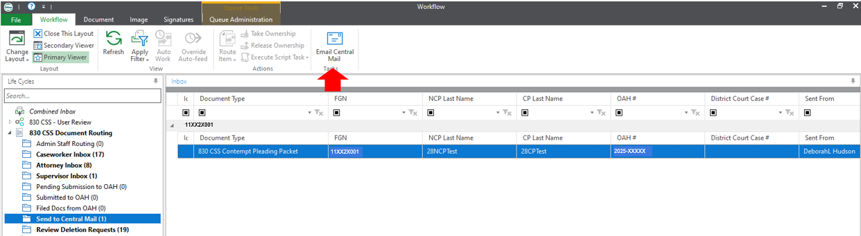 Send to Central Mail section with an arrow pointing to the Email to Central Mail button.