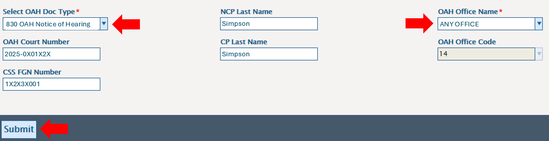 User interaction window with arrows pointing to the fields that need to be completed and the submit button