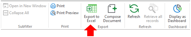 Export to Excel button with arrow pointing to it.