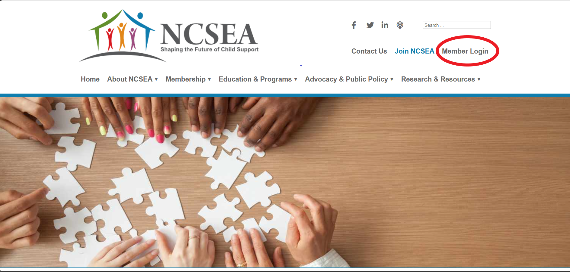 Image of NCSEA Home page with Member Login circled.