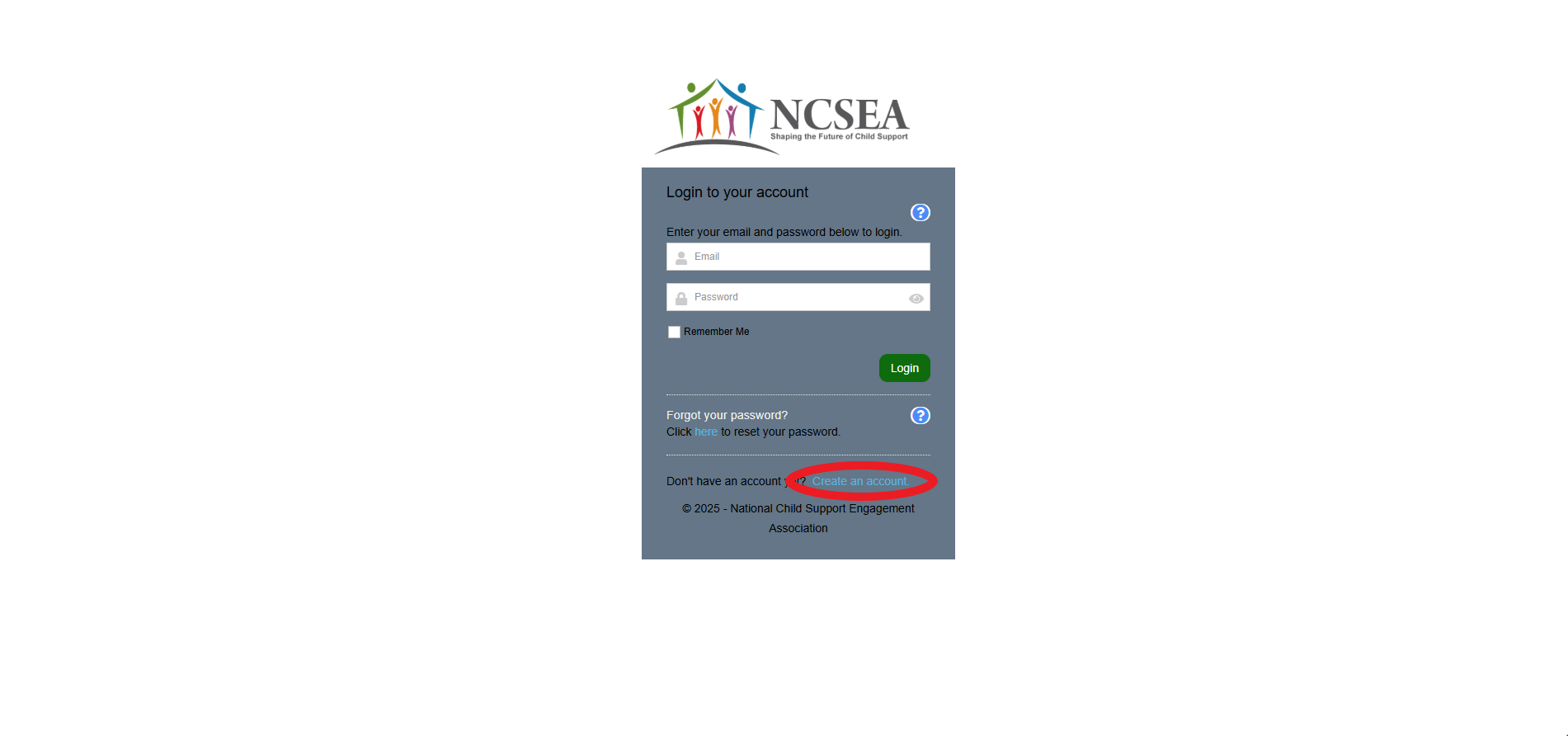 Image of Member Login Page with the Create an Account link circled.