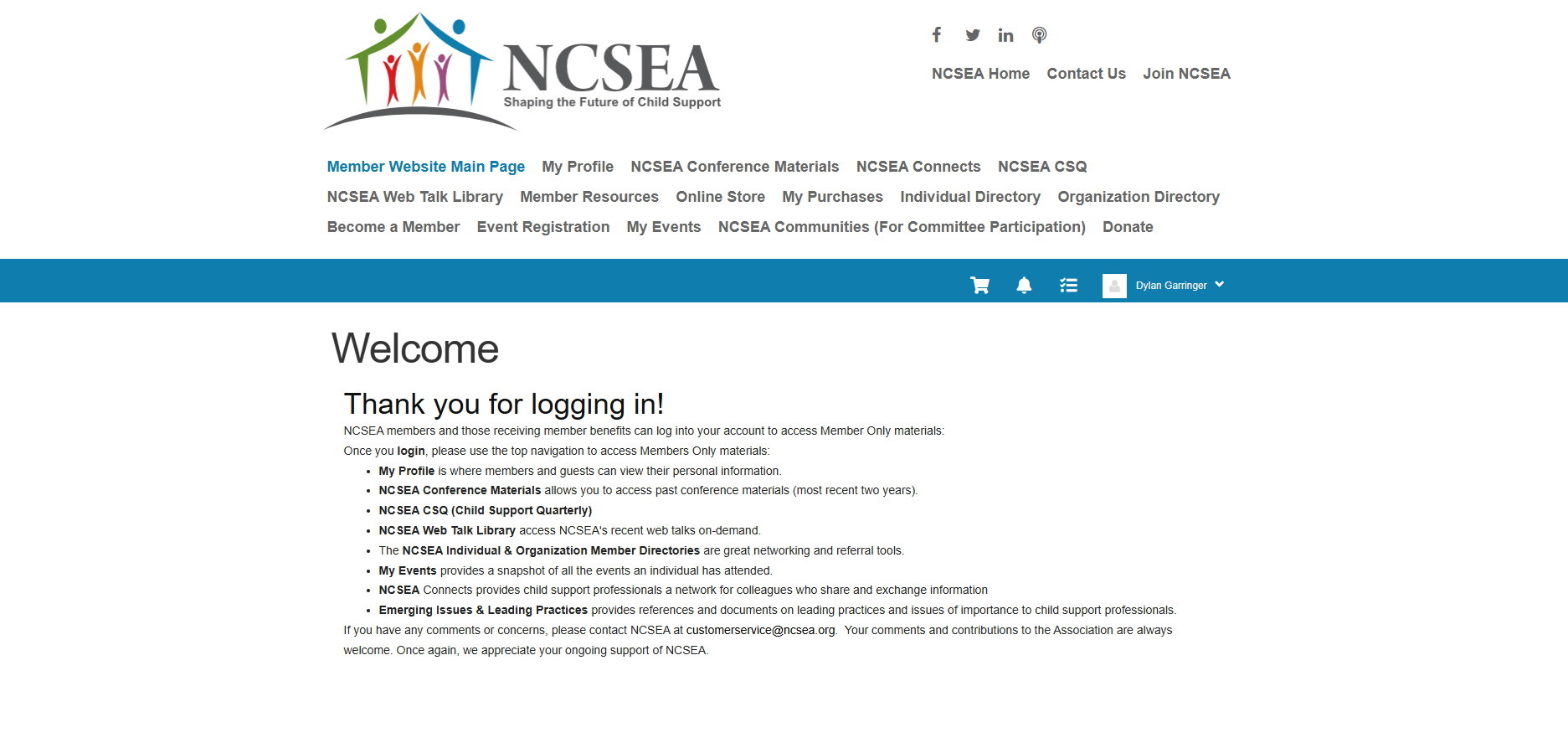 Image of Member Main Page with header links to resources circled.