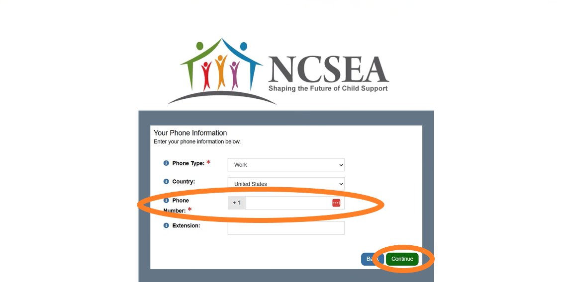 Image of Phone Page with the field to input a work phone number and the continue button circled.