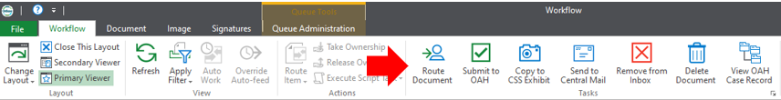 Top toolbar with an arrow pointing to the Route Document button.