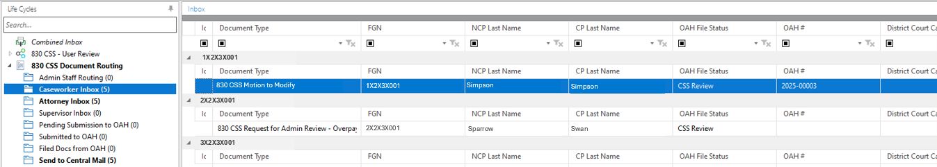 Caseworker Inbox with document highlighted