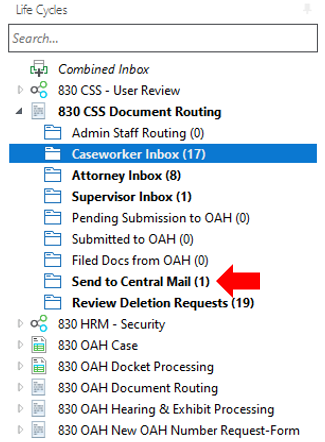 List of inboxes with an arrow pointing to Send to Central Mail.