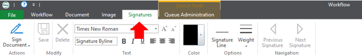 Signature tab with an arrow pointing at it.