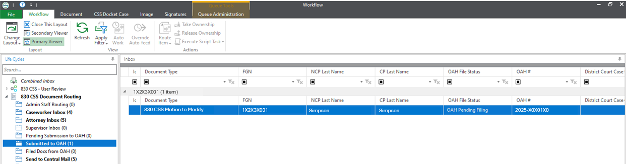 Workflow folders with the Submitted to OAH folder highlighted