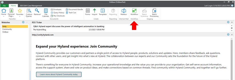 Home screen of OnBase with an arrow pointing to the Workflow button.