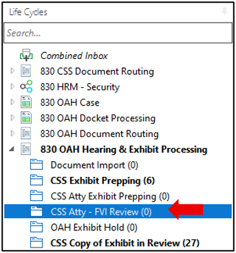 Folder containing Attorney FVI Review in workflow with red arrow pointing to it