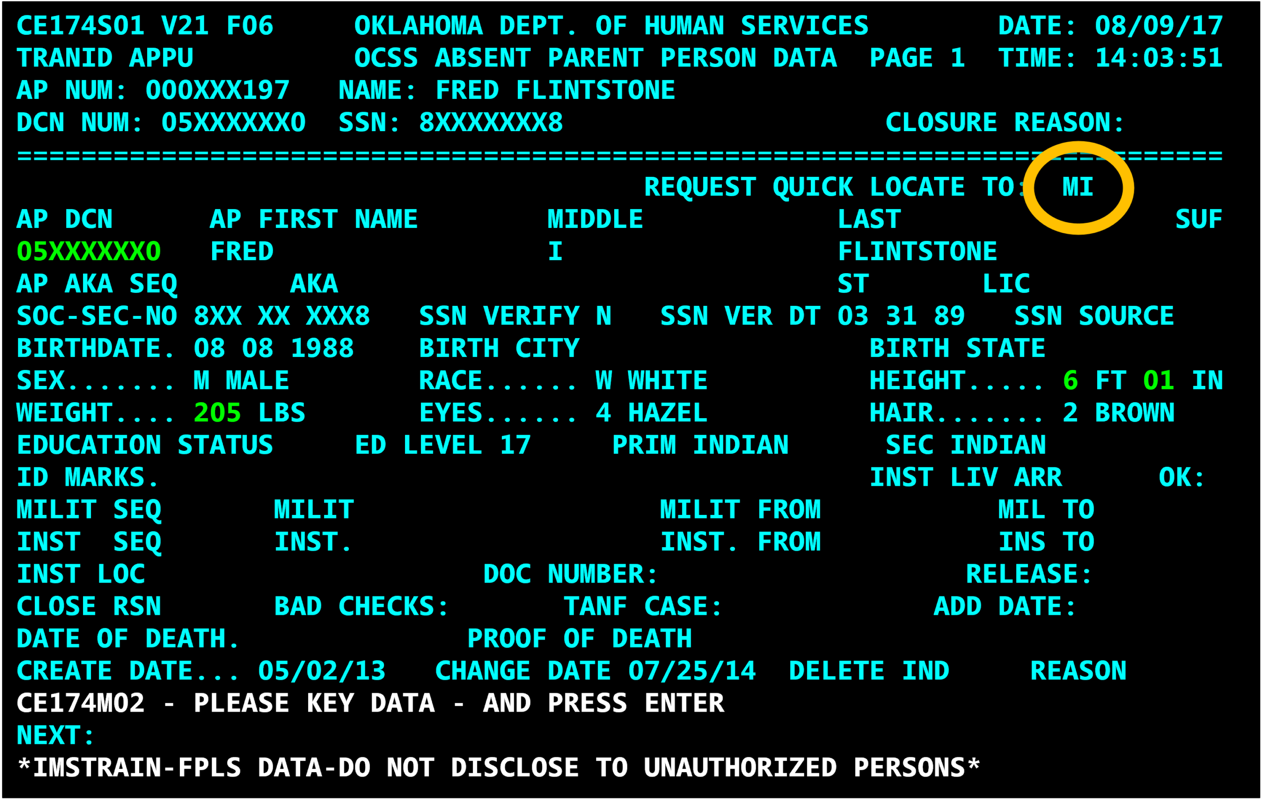 APPU screen in OSIS with Request Quick Locate to MI circled in yellow