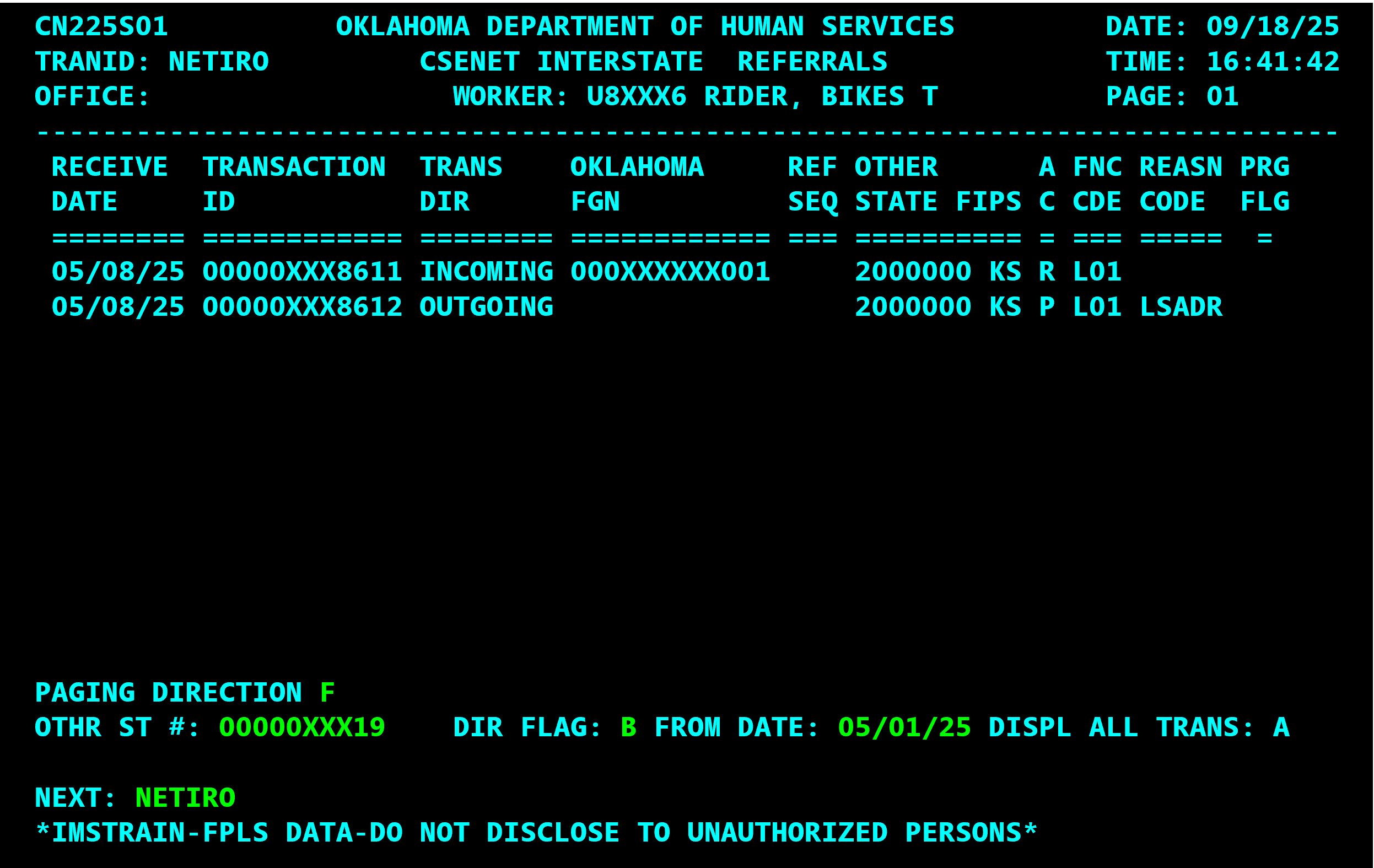 OSIS screen showing outgoing automated response