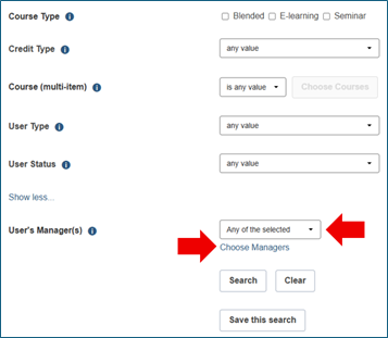 User's Manager(s) option with red arrows pointing to "Any of the selected" dropdown menu and "Choose Managers" option below