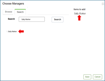 Choose Managers screen with Search tab selected with red arrows pointing to manager's name in list below search bar and at top right of screen