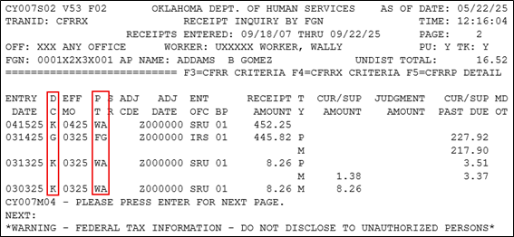 CFRRX screen with the DC and PT fields highlighted 