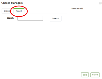 Choose Managers screen with search tab selected and circled in red