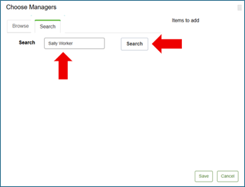 Choose managers screen with Search tab selected and red arrows pointing to search bar with manager's name and Search button