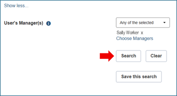 Transcript lookup screen with Manager's name displayed beside "User's Manager(s)" option and red arrow pointing to "Search" button