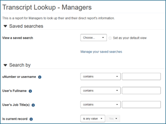 Transcript Lookup - Managers screen with options to search by uNumber or username, User's Full Name, or User's Job Title